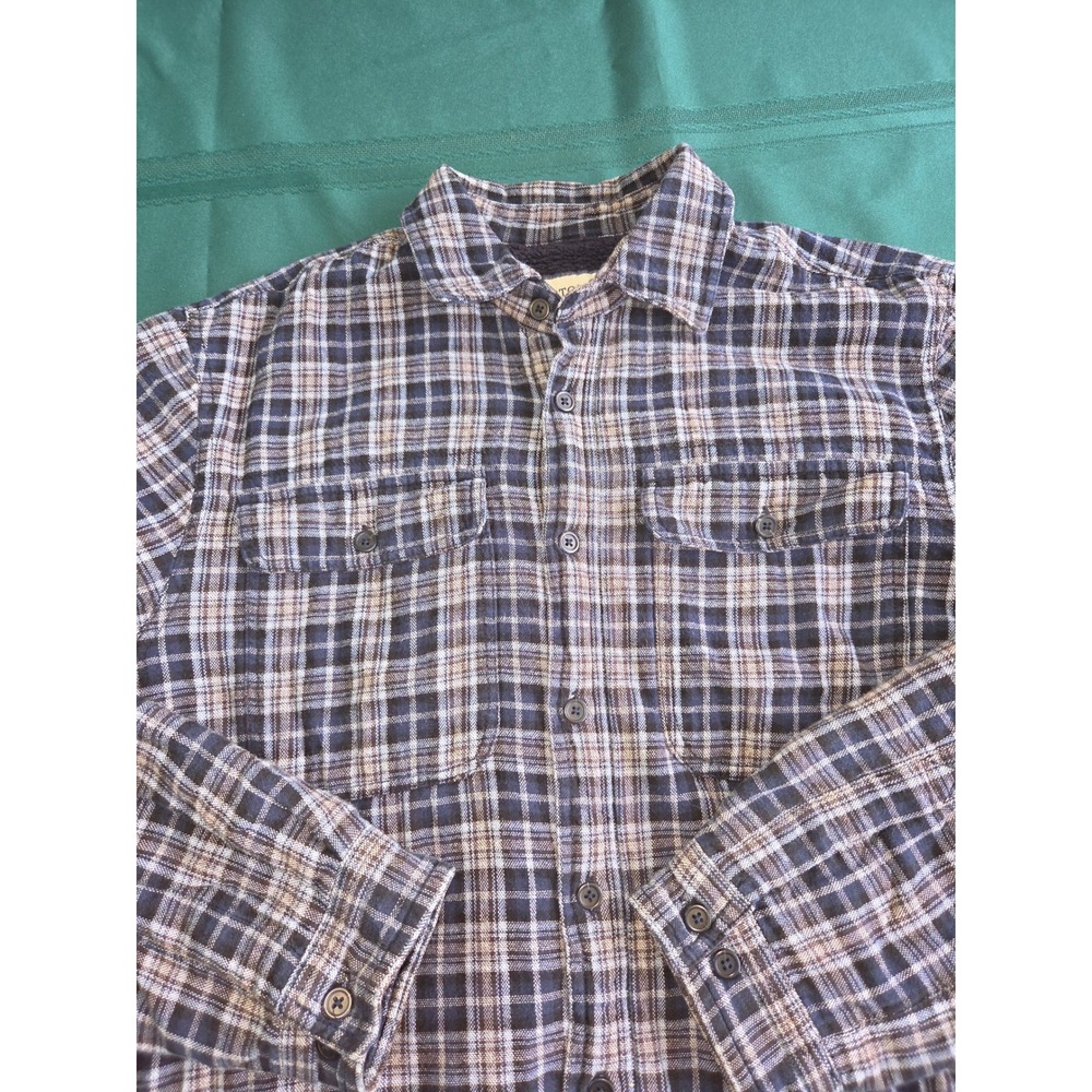 Boston Traders Mens Large Sherpa Lined Flannel Shirt Jacket Navy Tan Plaid